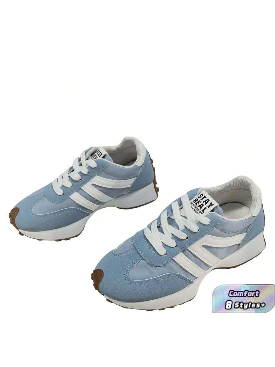 2026 Women'S Thick Sole Chunky Sneakers, Casual Lace-Up Platform Shoes, Breathable Patchwork Design, Comfortable For Spring/Summer - Blue - View 1