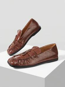 Mnmlis Women's Fashion Neutral Textured Brown Leather Ruched Square Toe Flat Loafers, Commute Casual Versatile Shoes - reddish brown - View 2