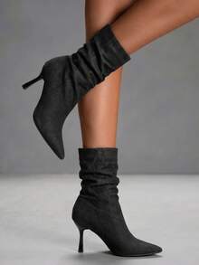 CUCCOO SZL Women's Black Washed Denim Pile Medium Boots Pleated Loose Boots Body Open Line Seam Pointed Stiletto Foot Set Fashion Women's Boots Winter Boots - Black grey - View 2