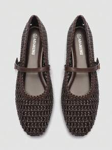 Alvarani Oversized Women's Handmade PU Woven Premium Mary Jane Ballet Flats, Metal Buckle Strap, Woven Breathable, Comfortable, Daily Commute Vacation - Brown - View 1