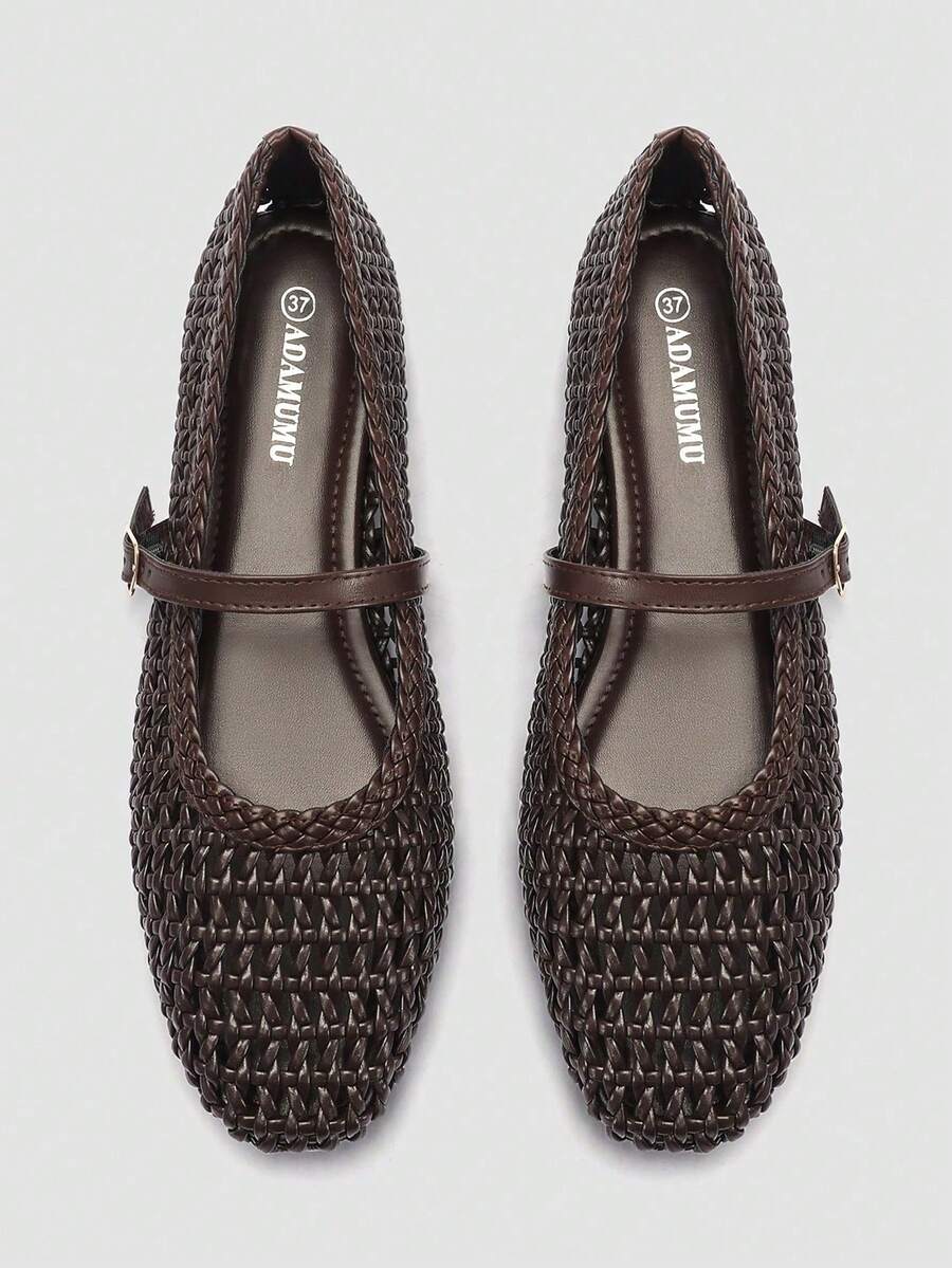 Alvarani Oversized Women's Handmade PU Woven Premium Mary Jane Ballet Flats, Metal Buckle Strap, Woven Breathable, Comfortable, Daily Commute Vacation - Brown - View 1