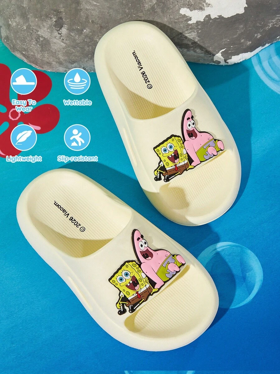 SpongeBob SquarePants | SHEIN 可愛卡通兒童拖鞋,兒童快乾浴室拖鞋,輕量耐用 EVA 材質,適合室內外穿著 - 米色 - 查看 1