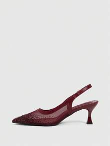 CUCCOO SZL Women's Fashion Pointed Mesh Rhinestone Sparkling Celebrity Temperament Evening Party Party Style Buckle High Heels Women's Shoes - Burgundy - View 4