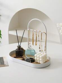 White Metal Jewelry Stand With 5 Hooks, Oval Leather Base Storage Tray, Desktop Display Organizer For Necklaces Rings Perfume, Vanity Table Decor - Multicolor - View 5