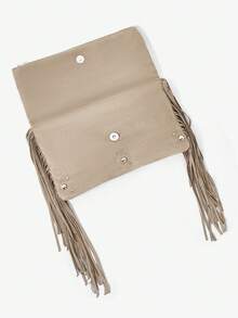 Viva Strut Women's Fashionable Simple Personality Street Versatile Retro Khaki Suede Tassels Rivet Shoulder Bag, Clutch Bag, Daily Shopping Dating - Khaki - View 7