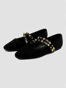 Alvarani Women's Fashion Square-Toe Casual Party Office Buckle Hook-And-Loop Strap Lightweight Bead Decorated Comfortable Slip-On Flat Shoes In Apricot - Black - View 2