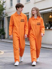 Bright Orange Prisoner Jumpsuit With Front Zipper, Suitable For Halloween, Easter, Role-Playing Parties, Made Of Non-Stretch Fabric, Suitable For Theme Events And Prison Role-Play, Easy To Clean, Simple Design, Comfortable Fit - Multicolor - View 3