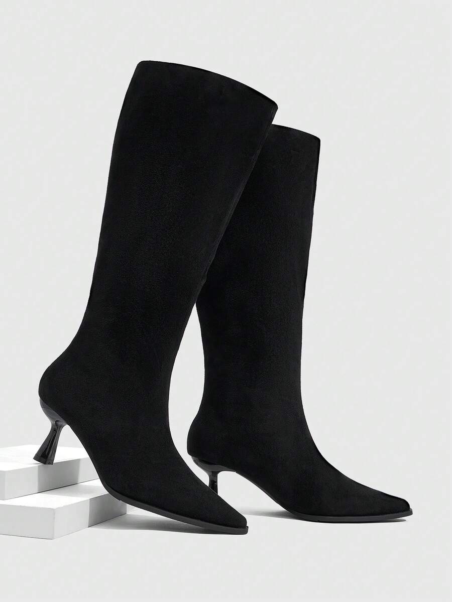 CUCCOO SZL Women's Autumn And Winter New Simple Solid Color Kitten And Elegant Party Afternoon Tea Dating Festive Ladies Knee High Boots - Black - View 1