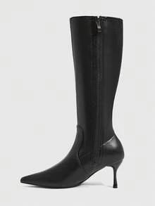 CUCCOO SZL Maillard Elegant Style Women Autumn And Winter Commuting Travel Solid Color Pointed Toe Thin Heel High Tube Elastic Fashion Boots - Black PU - View 4