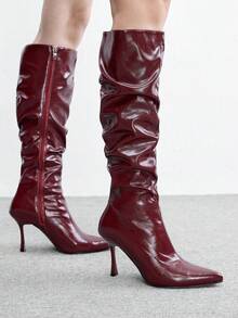 CUCCOO BIZCHIC 女士優雅尖頭高跟百褶靴女靴 - 酒紅色 - 查看 5