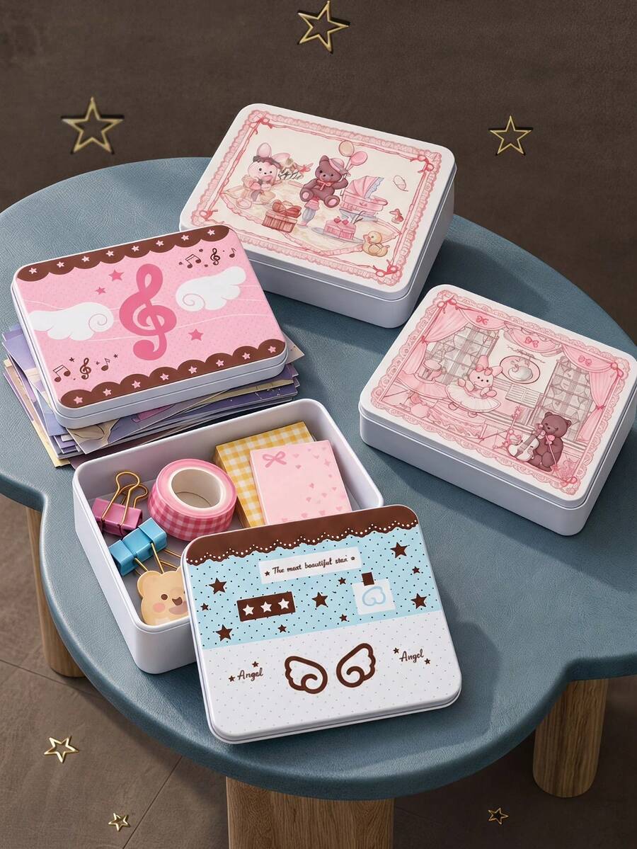 Joivida 1 Buah/4 Buah Kotak Penyimpanan Photocard Kaleng Estetik, Wadah Keras dengan Motif Malaikat & Not Musik, Organizer Serbaguna untuk Kartu, Kertas Slip, Stiker, Perlengkapan Kecil, Dekorasi Meja Cantik untuk Sekolah & Asrama - MultiWarna - View 1