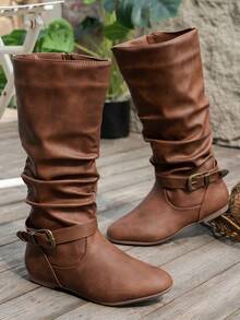 Alvarani Brown Strip Buckle Pleated Stack Boots Side Zipper Flat Bottom Round Toe Versatile New Casual Comfortable Commuting Daily Fashion Flat Bottom Women's - Brown - View 4