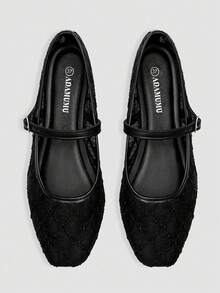 Alvarani Flat Shoes Fashion Women's Ballet, Embroidered Lace Mesh Dance Shoes, Solid Color Breathable Casual Flats, Square Toe, Comfortable - Black - View 1