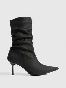 CUCCOO SZL Women's Black Washed Denim Pile Medium Boots Pleated Loose Boots Body Open Line Seam Pointed Stiletto Foot Set Fashion Women's Boots Winter Boots - Black grey - View 7