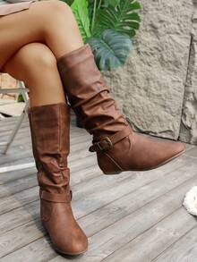Alvarani Brown Strip Buckle Pleated Stack Boots Side Zipper Flat Bottom Round Toe Versatile New Casual Comfortable Commuting Daily Fashion Flat Bottom Women's - Brown - View 5