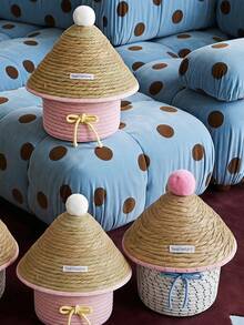 Joivida Thread Woven Storage Basket With Cute Straw‑Style Lid. Compact Size Keeps Small Items Covered From Dust. Lovely Pastel Tones, Ideal For Desktop Tidying And Room Tabletop Display. - Multicolor - View 2