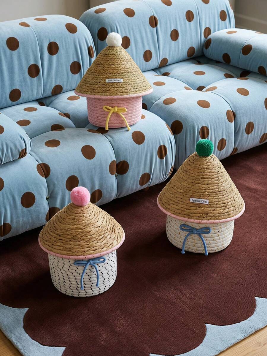 Joivida Thread Woven Storage Basket With Cute Straw‑Style Lid. Compact Size Keeps Small Items Covered From Dust. Lovely Pastel Tones, Ideal For Desktop Tidying And Room Tabletop Display. - Multicolor - View 1