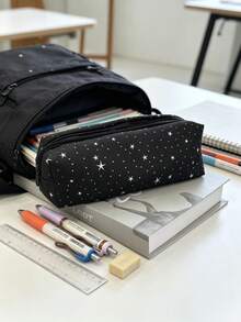 1PC Black Polka Dot Star Print Large Capacity Pencil Case Zipper Closure Canvas Storage Bag Simple Style Stationery Organizer For Students Women Daily School Office Use Lightweight Durable Cute Pattern - black - View 4