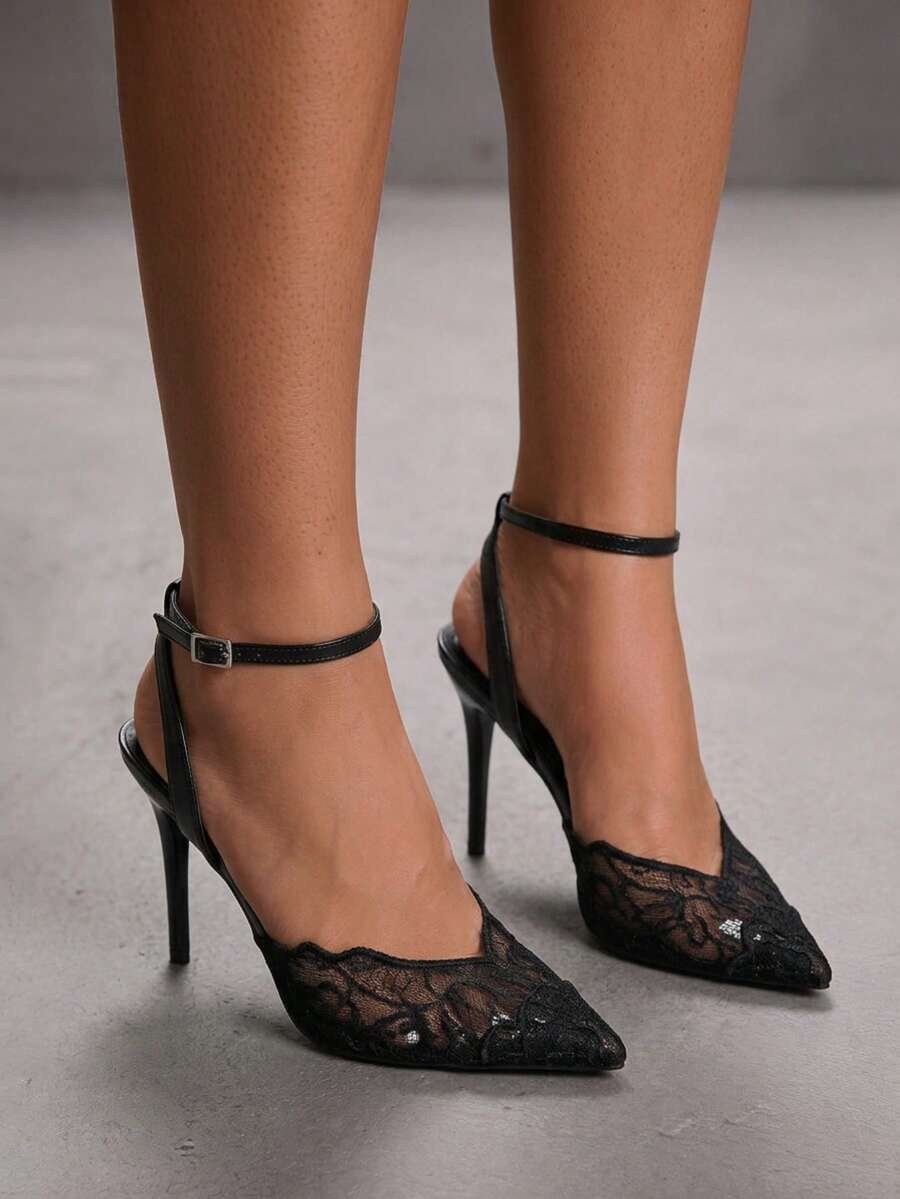 CUCCOO SZL 女款尖頭網布刺繡裝飾浪漫優雅性感細跟高跟鞋 - 黑色 - 查看 1