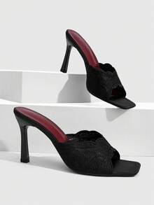 CUCCOO SZL Sexy Black Square Toe Stiletto High Heels Women's Outer Wear Sandals Mesh Embroidery Open-Toe Summer - Black - View 7