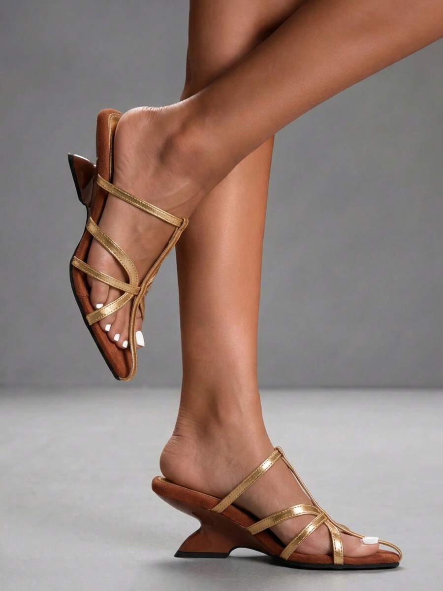 CUCCOO SZL Women's Shoes With T-Shaped Toe, Pointed Toe, Irregular Heel, Suede Stitching, Shiny Surface, Versatile For Dating And Commuting, High-Heeled Sandals - Brown and gold - View 1