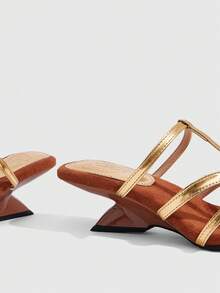 CUCCOO SZL Women's Shoes With T-Shaped Toe, Pointed Toe, Irregular Heel, Suede Stitching, Shiny Surface, Versatile For Dating And Commuting, High-Heeled Sandals - Brown and gold - View 4