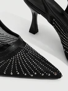 CUCCOO SZL Women's Fashion Pointed Mesh Splicing PU Rhinestone Evening Clothing Commuter Fashion Versatile Party High Heel Empty Sandals - Black - View 5
