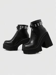 ROMWE Goth Women's Platform And Ankle Boots And Ankle Boots, Y2K Millennial Pointed Toe Rivet Strap Bow Black Big Round Toe Serrated Muffin Bottom Super High Heel - Black - View 6