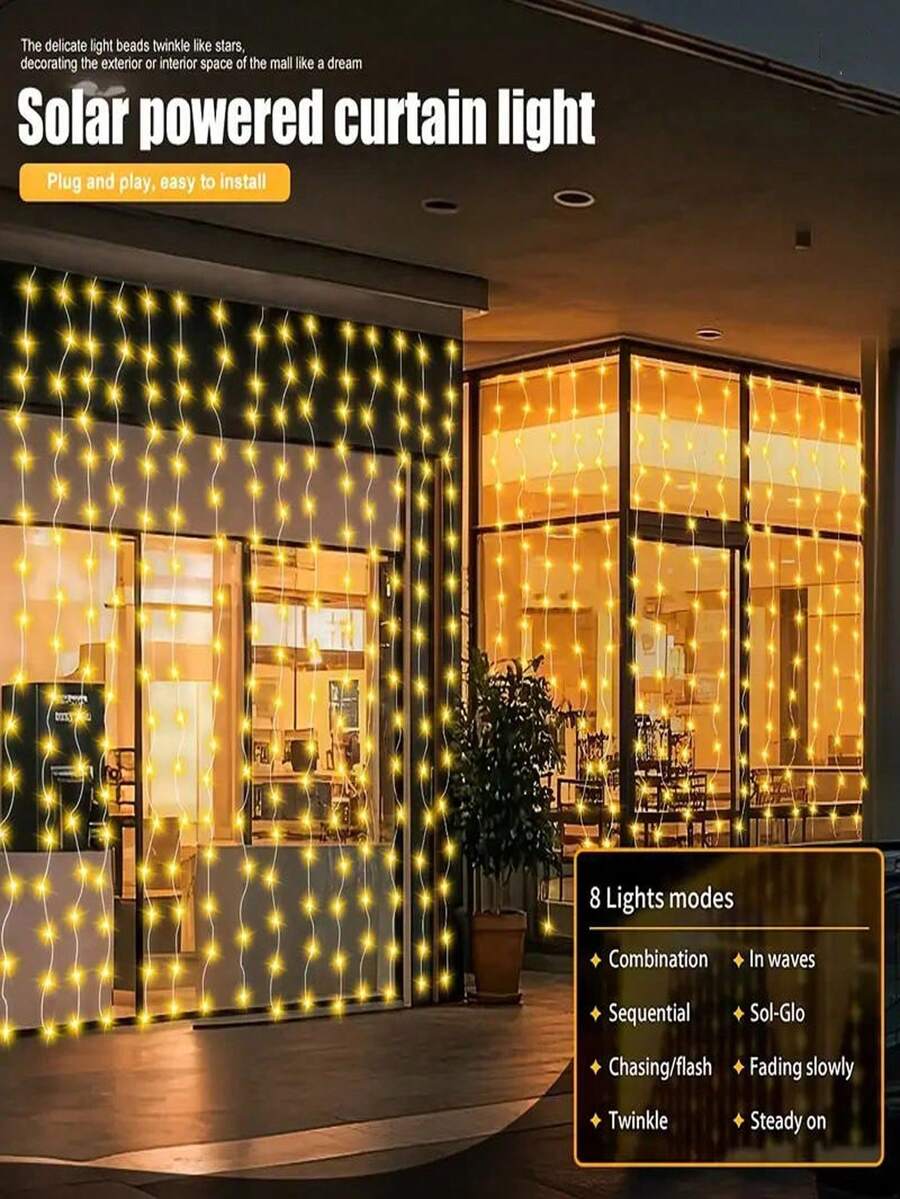 1 Pack Solar Curtain Lights With 300 LED Bulbs, Outdoor String Lights ...