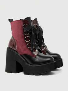 Sugerpunk Women's Thick-Soled Super High-Heeled Ankle Boots, Punk Style Burgundy Nocturne Sweet And Cool Style Contrasting Splicing, Metal Ring Ribbon Bowknot Winter Boots - Burgundy - View 2