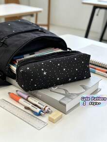 1PC Black Polka Dot Star Print Large Capacity Pencil Case Zipper Closure Canvas Storage Bag Simple Style Stationery Organizer For Students Women Daily School Office Use Lightweight Durable Cute Pattern - black - View 1