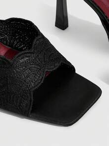 CUCCOO SZL Sexy Black Square Toe Stiletto High Heels Women's Outer Wear Sandals Mesh Embroidery Open-Toe Summer - Black - View 5