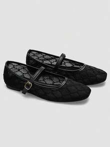 Alvarani Flat Shoes Fashion Women's Ballet, Embroidered Lace Mesh Dance Shoes, Solid Color Breathable Casual Flats, Square Toe, Comfortable - Black - View 4