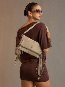 Viva Strut Women's Fashionable Simple Personality Street Versatile Retro Khaki Suede Tassels Rivet Shoulder Bag, Clutch Bag, Daily Shopping Dating - Khaki - View 9