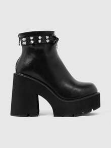 ROMWE Goth Women's Platform And Ankle Boots And Ankle Boots, Y2K Millennial Pointed Toe Rivet Strap Bow Black Big Round Toe Serrated Muffin Bottom Super High Heel - Black - View 2