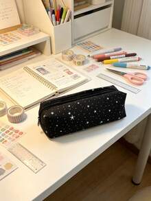 1PC Black Polka Dot Star Print Large Capacity Pencil Case Zipper Closure Canvas Storage Bag Simple Style Stationery Organizer For Students Women Daily School Office Use Lightweight Durable Cute Pattern - black - View 5
