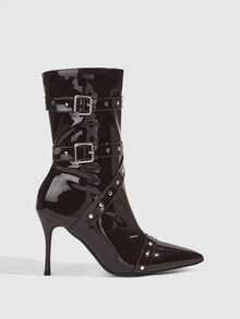 CUCCOO SZL Cool Punk Style Women's Autumn And Winter Nightclubs Out Of The Street, Black Silver Buckle Rivet Decoration, Solid Color, Pointed Toe, Medium Tube, - Coffee Brown - View 7
