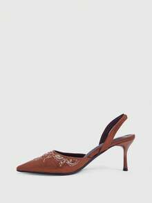 CUCCOO SZL Women's Bronze Metallic Rear Strap Low Vamp Shoes, Pointed Sequins Beaded Embroidered Adjustable Buckle Stiletto Party Women's Shoes - Bronze - View 4