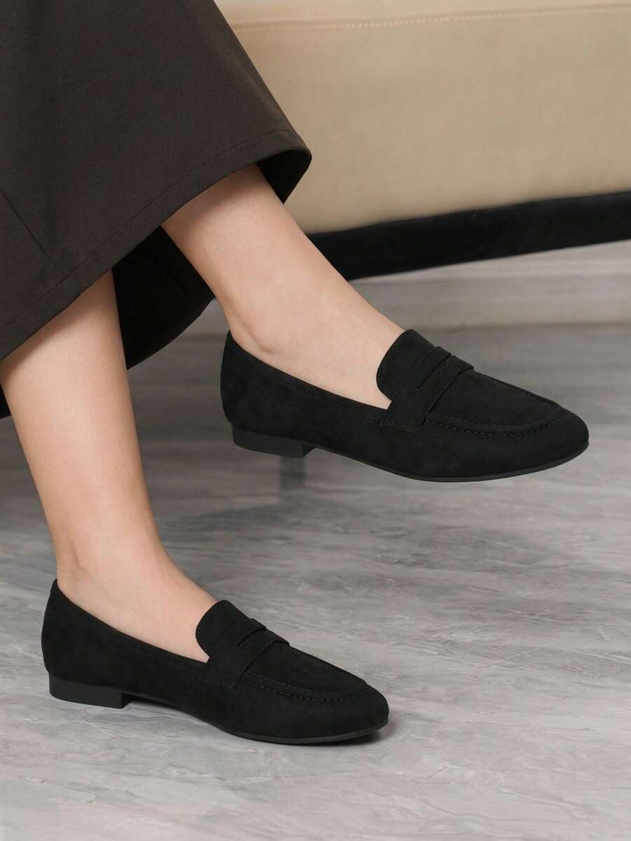 Sleekvia Women's Spring Fall Shoes Black Matte Suede Classic Penny Loafers Round Toe Flat British Style Commute Slip-On - Black 1 - View 1