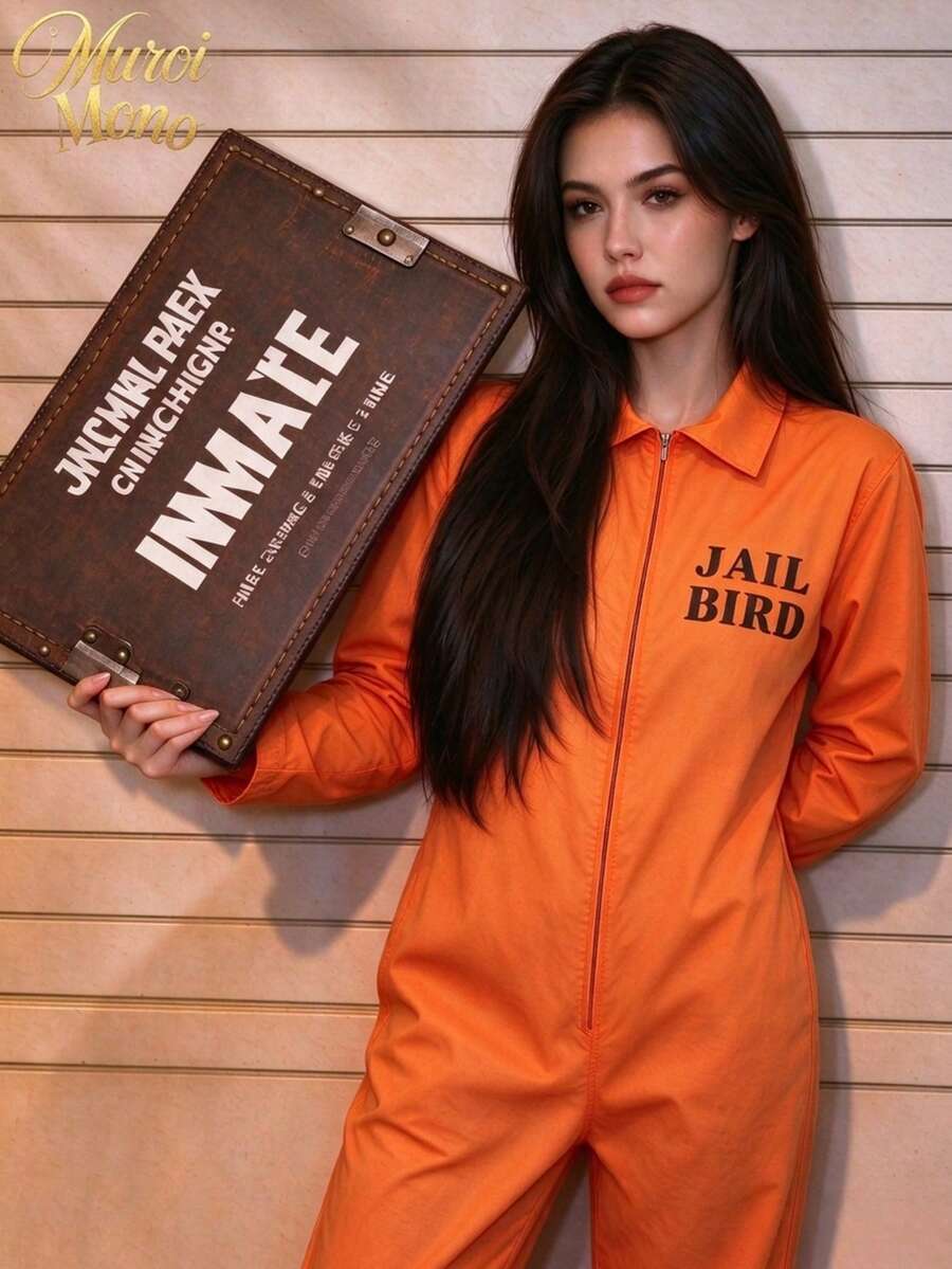 Bright Orange Prisoner Jumpsuit With Front Zipper, Suitable For Halloween, Easter, Role-Playing Parties, Made Of Non-Stretch Fabric, Suitable For Theme Events And Prison Role-Play, Easy To Clean, Simple Design, Comfortable Fit - Multicolor - View 1