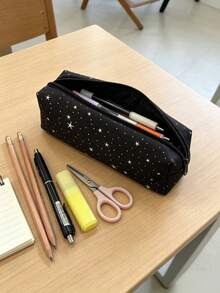 1PC Black Polka Dot Star Print Large Capacity Pencil Case Zipper Closure Canvas Storage Bag Simple Style Stationery Organizer For Students Women Daily School Office Use Lightweight Durable Cute Pattern - black - View 3