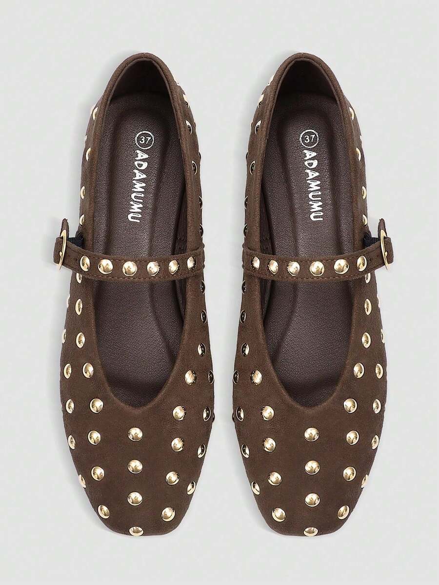Alvarani Giày Loafers bệt thời trang cao cấp thoải mái cho nữ, đính đinh tán kim loại lấp lánh phản quang, nhẹ, phù hợp mọi mùa, dùng hàng ngày và đi tiệc - Màu nâu Mocha - Xem 1