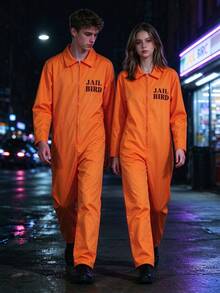 Bright Orange Prisoner Jumpsuit With Front Zipper, Suitable For Halloween, Easter, Role-Playing Parties, Made Of Non-Stretch Fabric, Suitable For Theme Events And Prison Role-Play, Easy To Clean, Simple Design, Comfortable Fit - Multicolor - View 4