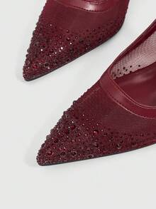 CUCCOO SZL Women's Fashion Pointed Mesh Rhinestone Sparkling Celebrity Temperament Evening Party Party Style Buckle High Heels Women's Shoes - Burgundy - View 5