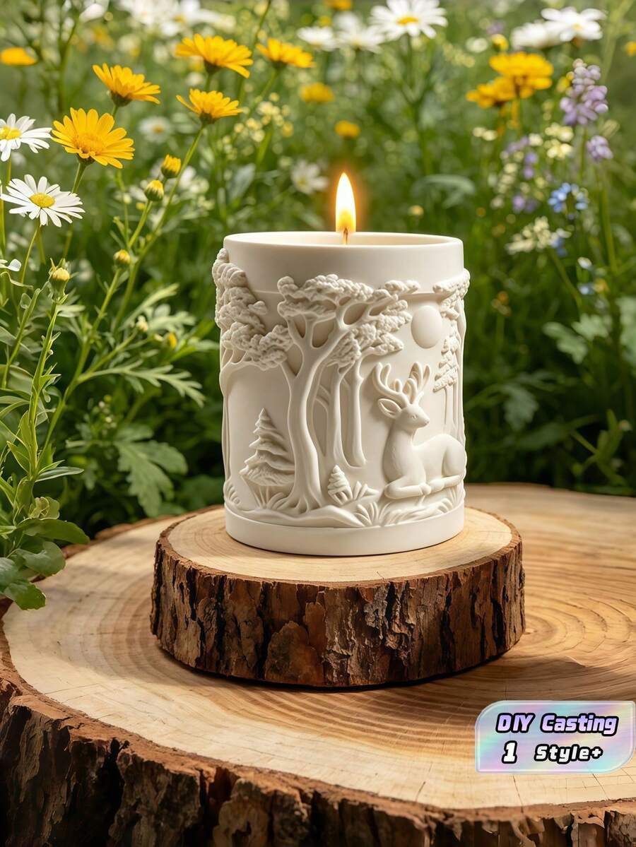 3D 浮雕森林麋鹿圓柱形矽膠模具 DIY 香氛蠟燭杯收納罐石膏樹脂翻模模具 - 多色 - 查看 1