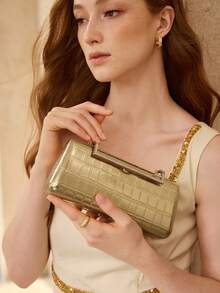 MOTF WOMEN'S FASHION GOLD CLUTCH BAG, EXQUISITE SQUARE DIAMOND, RETRO CROCODILE PATTERN BOX BAG, USED FOR DAILY, SHOPPING, PARTIES, PARTIES, DRESS MATCHING - Gold - View 7