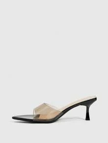 CUCCOO SZL Sandal Wanita Transparan PVC dengan Sambungan Kulit Paten Tanpa Hak Belakang, Hak Tipis, Minimalis, Mewah dan Mengkilap, Serbaguna dan Bergaya - Hitam - View 3