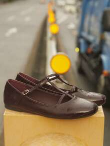 Nöista Burgundy T-Button Mary Jane Women's Shoes, Versatile, Simple And Fashionable Flats - Burgundy - View 4