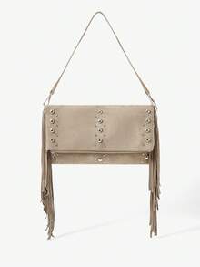 Viva Strut Women's Fashionable Simple Personality Street Versatile Retro Khaki Suede Tassels Rivet Shoulder Bag, Clutch Bag, Daily Shopping Dating - Khaki - View 4