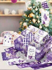 Christmas Wrapping Paper - Purple Snowman & Reindeer Design With Snowflakes, Candy Cane & Holly Patterns, Festive Holiday Style, Perfect For Christmas Decor, Gift Wrapping, Ornaments, Pajamas & More - Multicolor - View 2